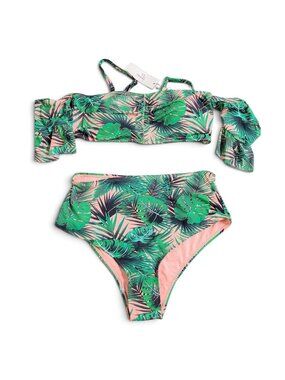 Cacelin Large Tropical Leaf Print Pink/Green Off-Shoulder High-Waisted Bikini